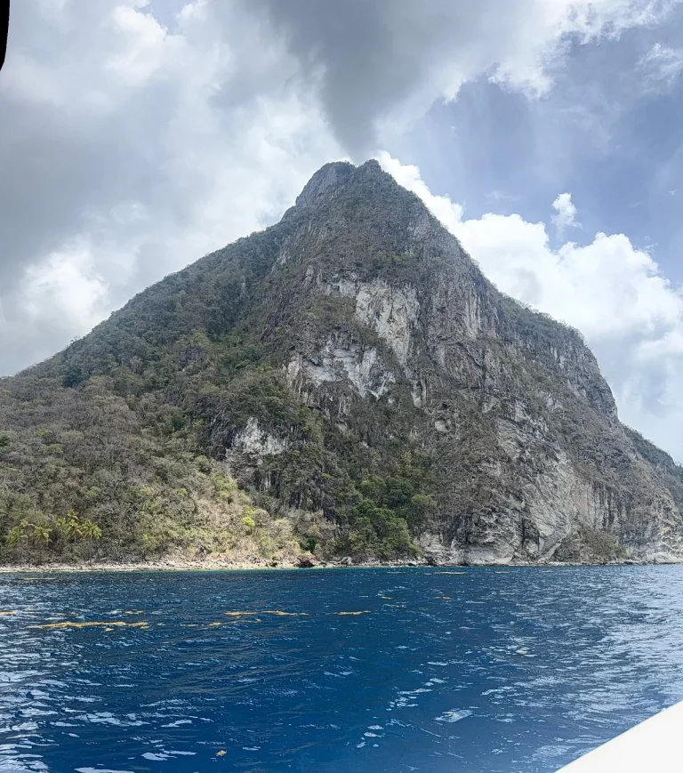 Close-up of Gros Piton from the water - view from the deck of Timeless II