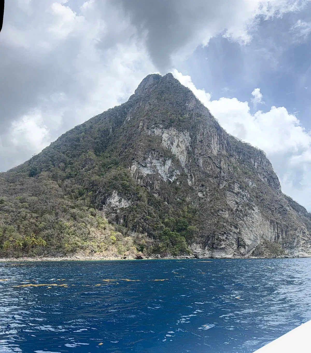 Gros Piton seen from the water on a St. Lucia catamaran sail