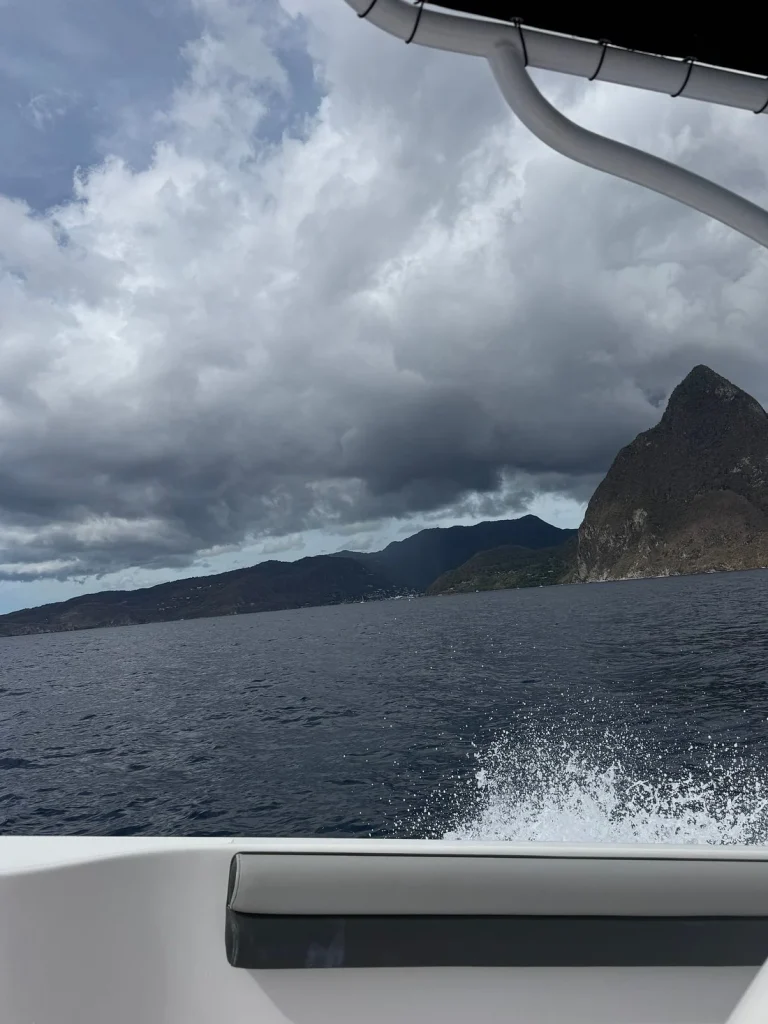 Petit Piton seen rising from the Caribbean Sea on the speedboat run to Soufriere