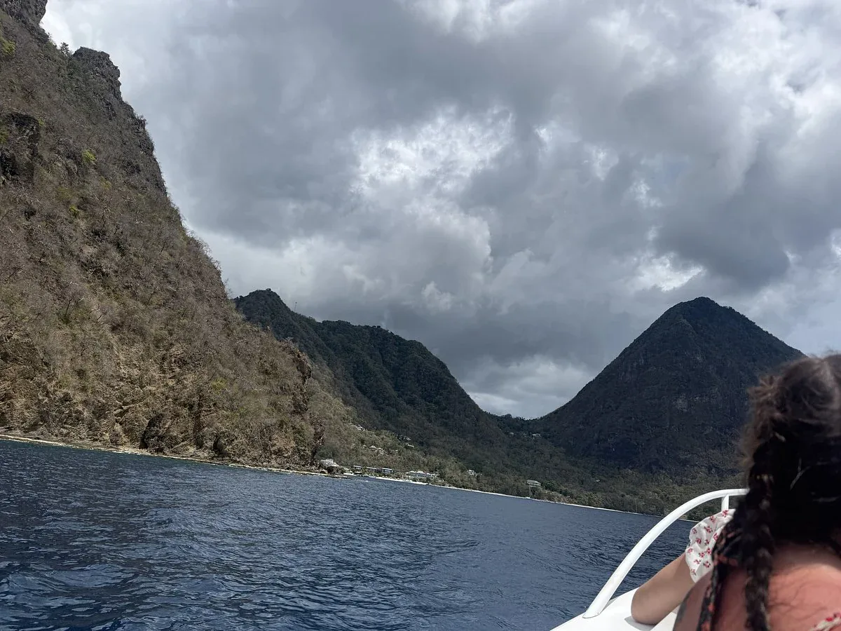 The Pitons and Soufriere village on the Super Soufriere Sights day trip, St. Lucia