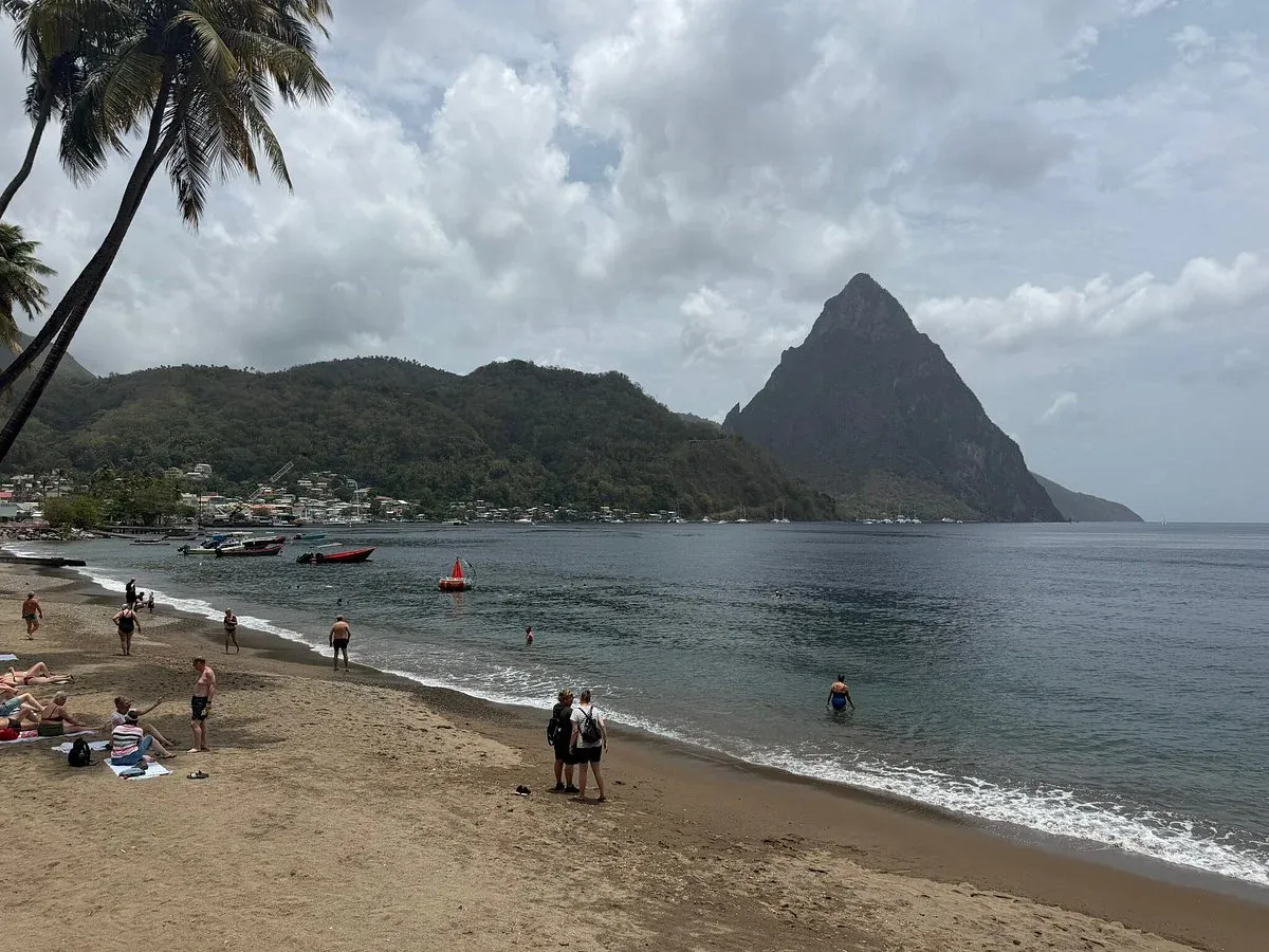 Petit Piton over Sugar Beach at golden hour, St. Lucia