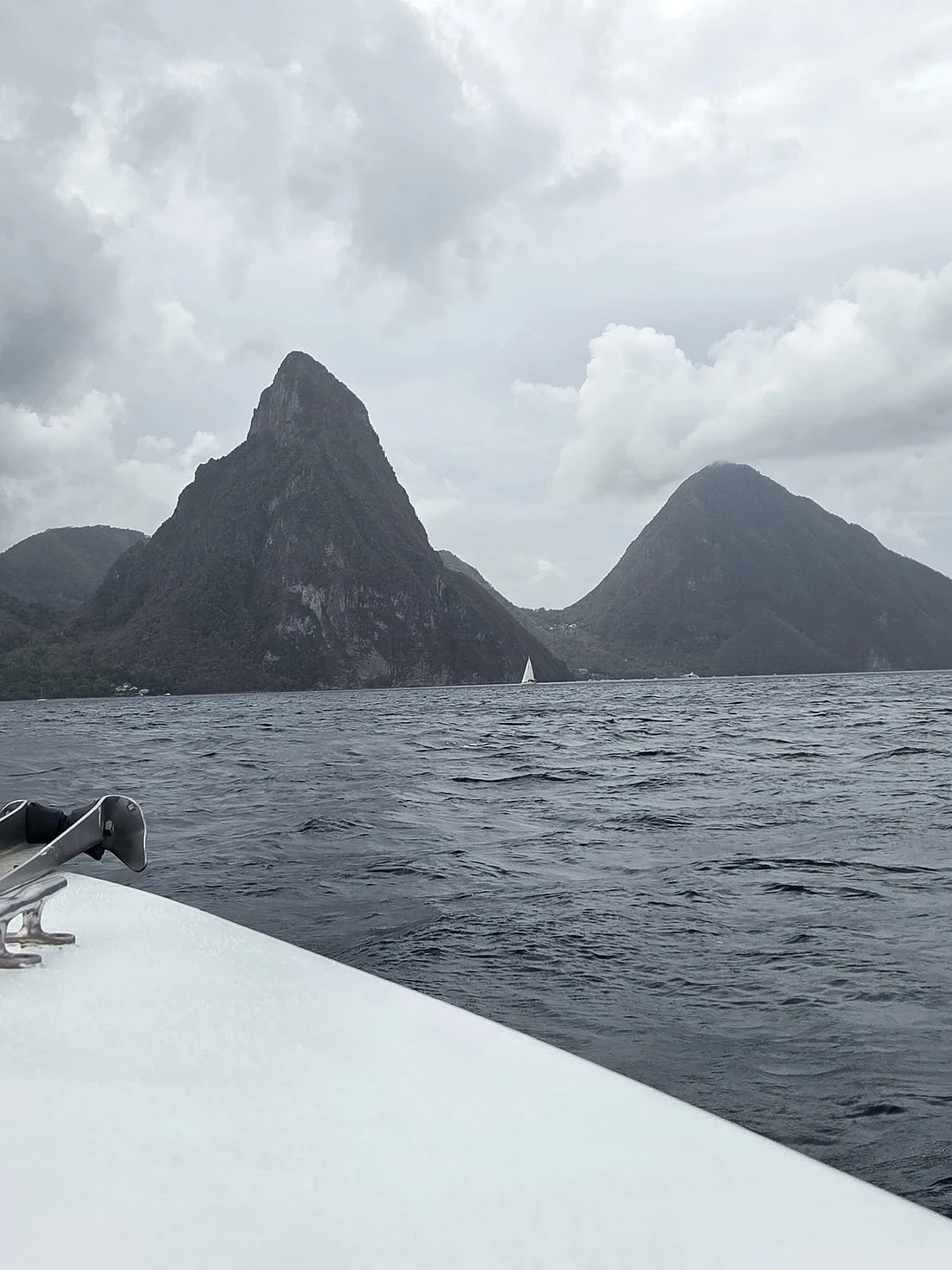 Both Pitons framed from the bow of Timeless II during a private speedboat charter