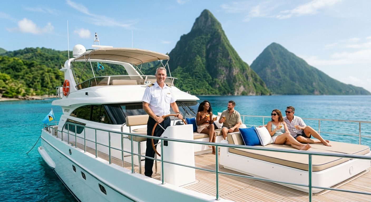 Professional photograph of a private motor yacht charter in Saint Lucia with captain and passengers near the Pitons