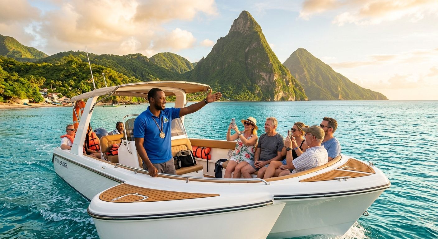 A speedboat glides across turquoise waters near the Pitons in Saint Lucia, with a local guide pointing at the lush coastline and smiling guests taking photos during golden hour.