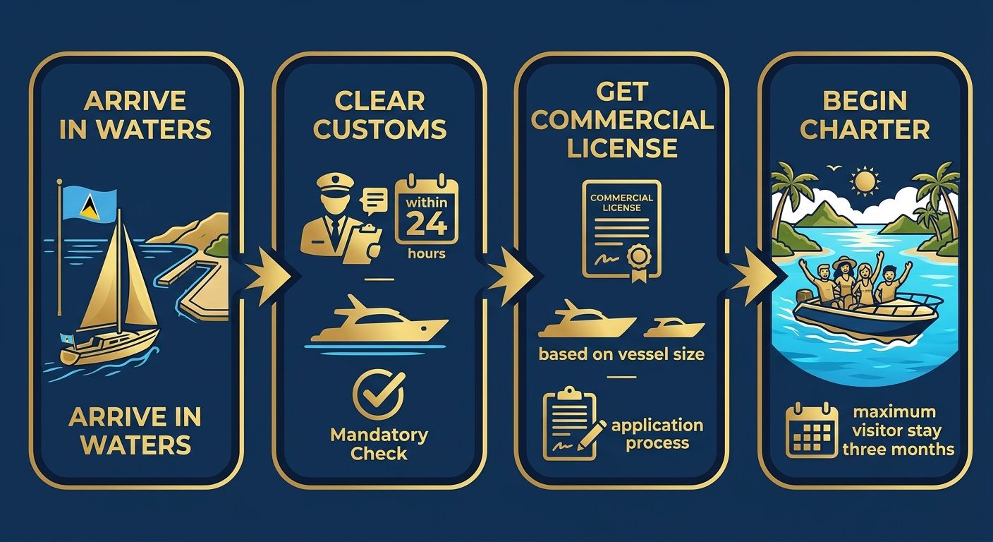 Four-step horizontal process flow for Saint Lucia charter regulations: arrival, customs clearance, commercial license, and charter start, with nautical navy and gold design.