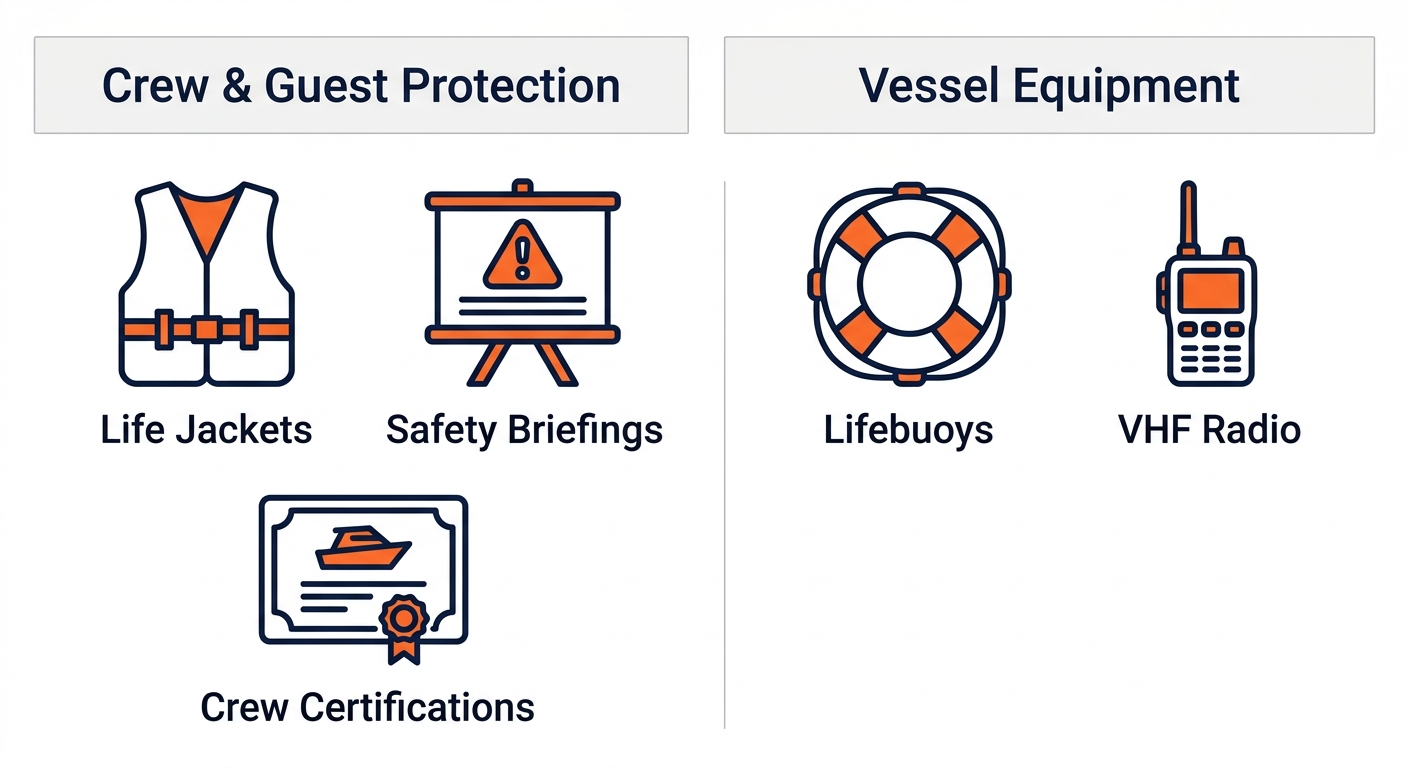 Infographic showing safety measures for corporate boat tours in Saint Lucia with two columns: Crew and Guest Protection with life jackets, safety briefings, crew certifications, and Vessel Equipment with lifebuoys and VHF radio.