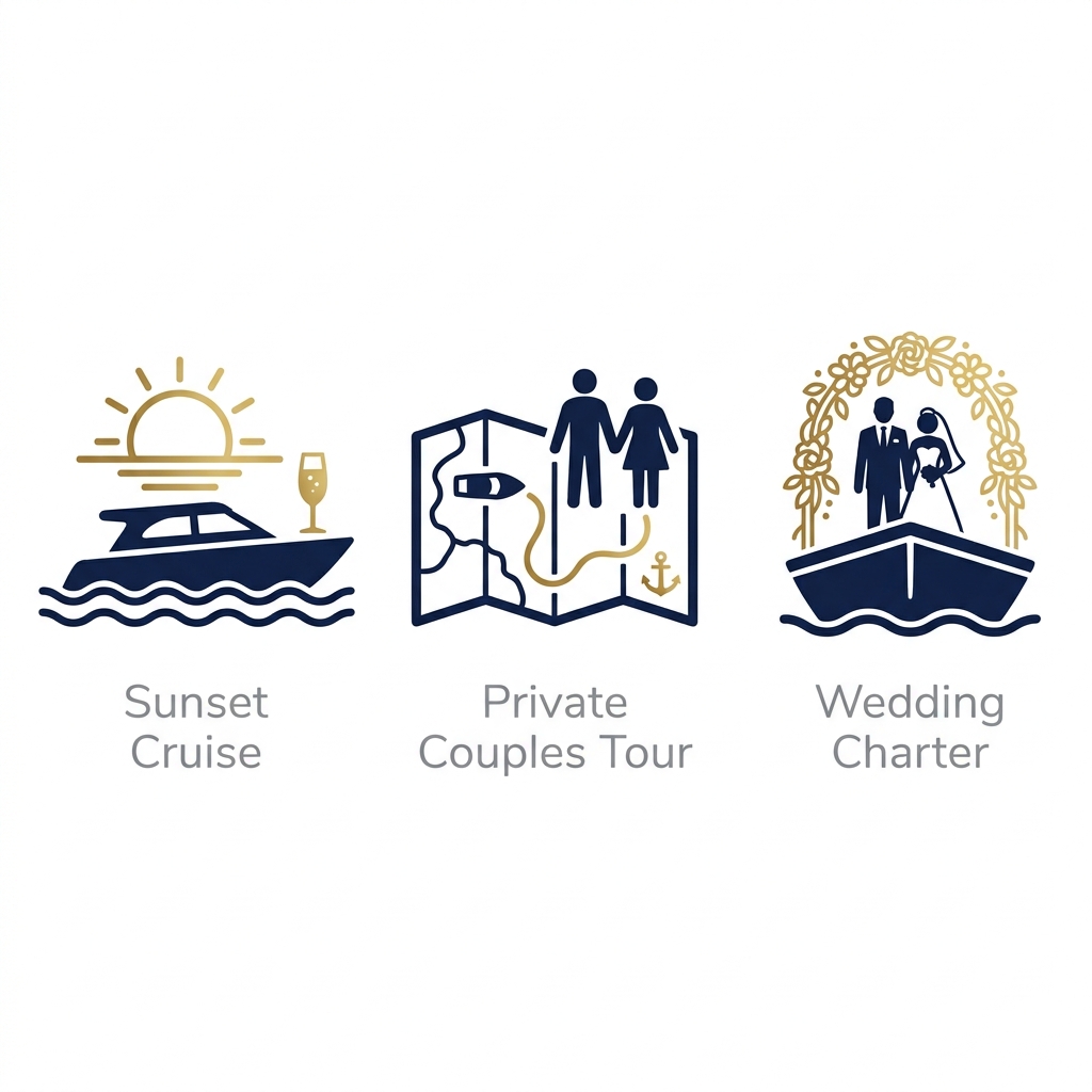 Three icon labels for romantic charter options: Sunset Cruise, Private Couples Tour, and Wedding Charter featuring boat and couple silhouettes.