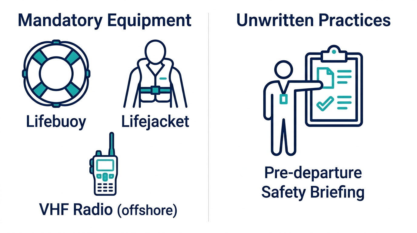 Infographic with two columns: Mandatory Equipment icons with labels Lifebuoy, Lifejacket, VHF Radio (offshore); and Unwritten Practices with icon and label Pre‑departure Safety Briefing.