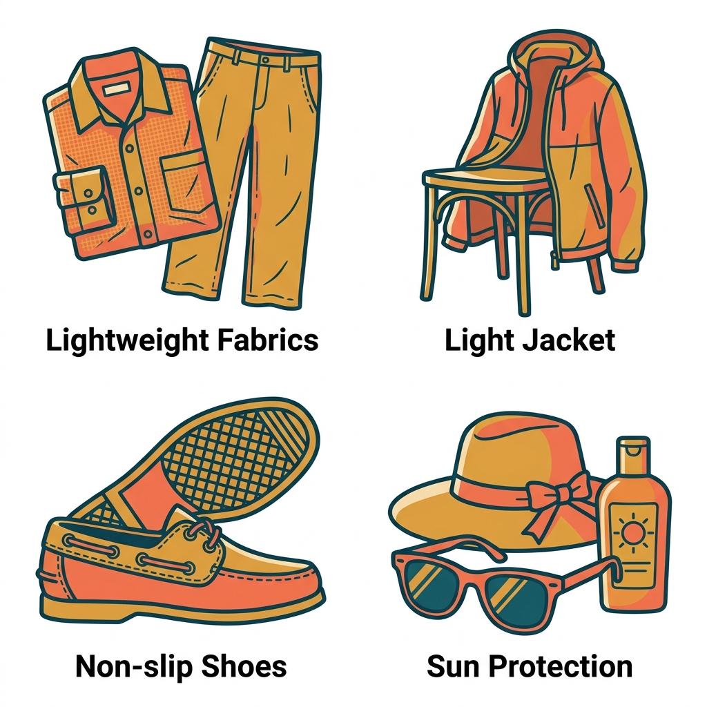 Icon set showing four travel essentials for a sunset cruise in Saint Lucia: lightweight fabrics, light jacket, non-slip shoes, and sun protection.
