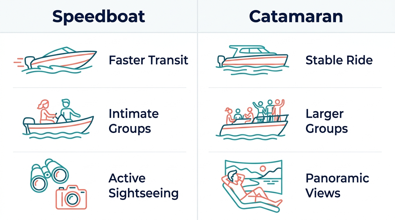 Infographic comparing speedboat and catamaran features: Faster Transit, Intimate Groups, Active Sightseeing vs Stable Ride, Larger Groups, Panoramic Views.